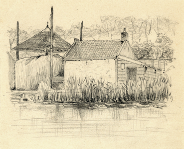 13258 Gezicht op een hooiberg en een stenen schuur met aanbouw te Abcoude (gemeente Abcoude-Baambrugge).